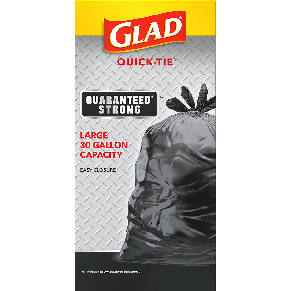 Glad Quick Tie Strong Large Trash Bags, 30 Gallon, Black 10 ea 