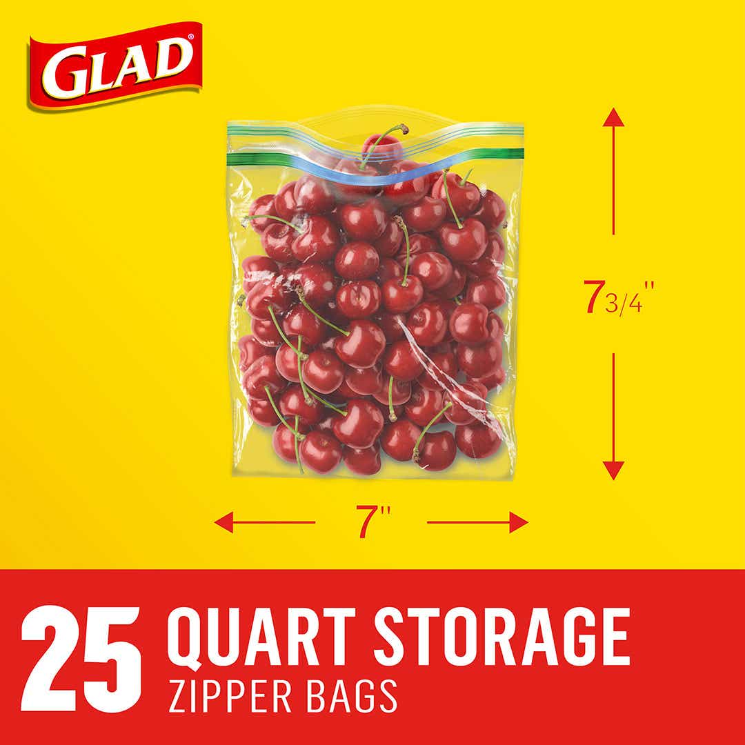 Glad® Zipper Food Storage Plastic Bags, Quart, 25 Count, Plastic Bags