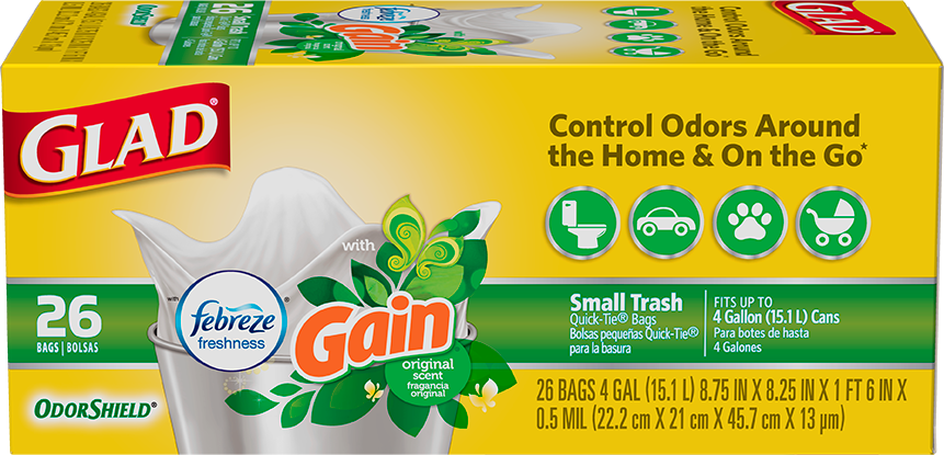 Glad Medium Quick-Tie Trash Bags, OdorShield 8 Gallon, Gain Original with Febreze, 26 Count(Pack of 6)