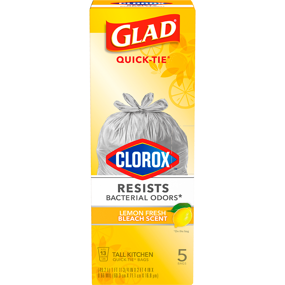 Glad with Clorox<sup>®</sup> Tall Kitchen Quick-Tie Bags  Lemon Fresh Bleach Scent