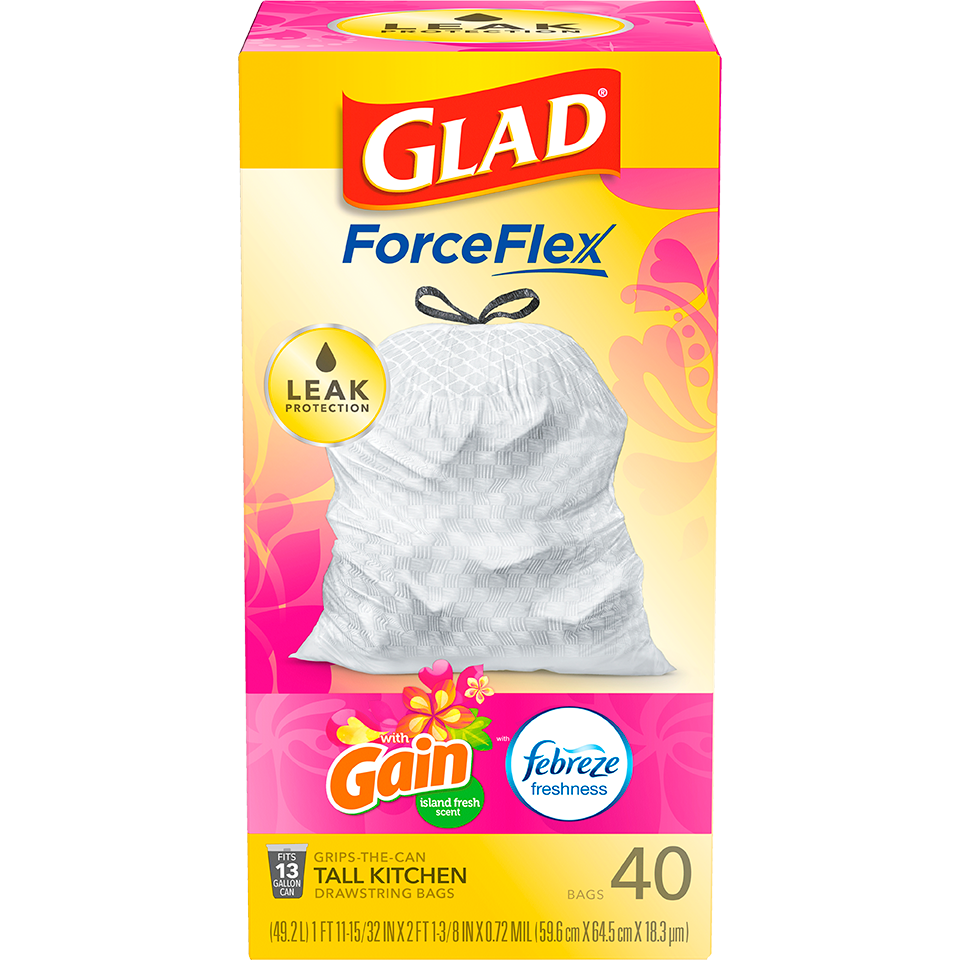 Glad ForceFlex 13 Gal. Tall Kitchen Drawstring Fresh Clean Scent