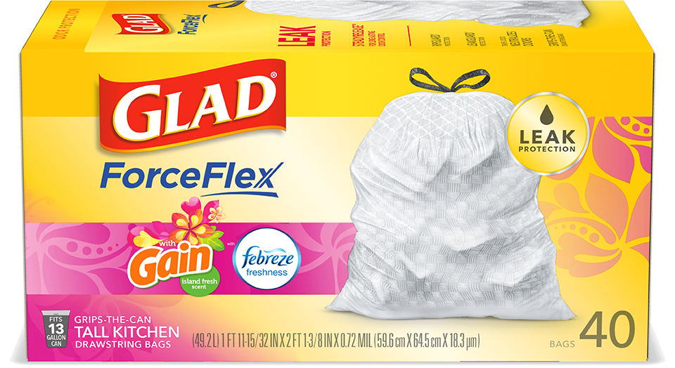 Glad ForceFlexPlus Tall Kitchen Trash Bags, 13 Gallon, 40 Bags (Beachside Breeze Scent, Febreze Freshness)