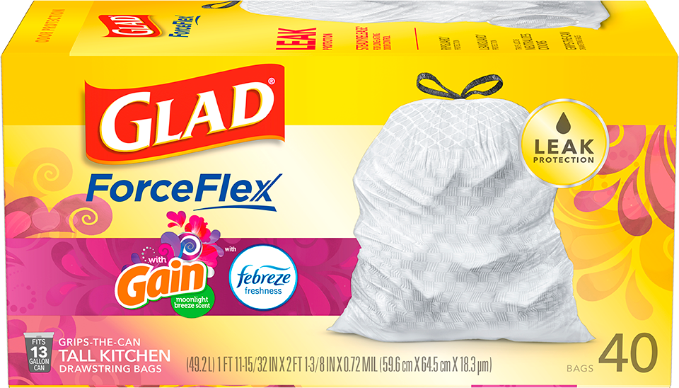 Glad ForceFlex with Febreze Gain Original Scent Tall Kitchen Drawstring Trash  Bags, 40 ct - Foods Co.