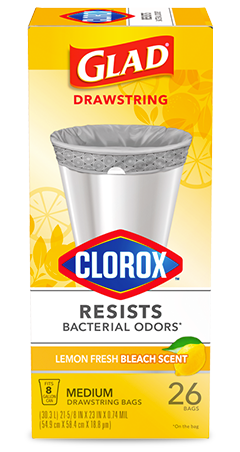 Glad with Clorox<sup>®</sup> Medium Drawstring Garbage Bags  Lemon Fresh Bleach Scent