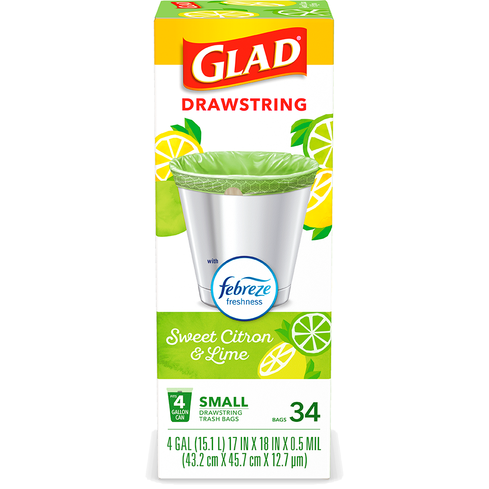 Glad Small Kitchen Drawstring 4 Gallon Trash Bags - Febreze