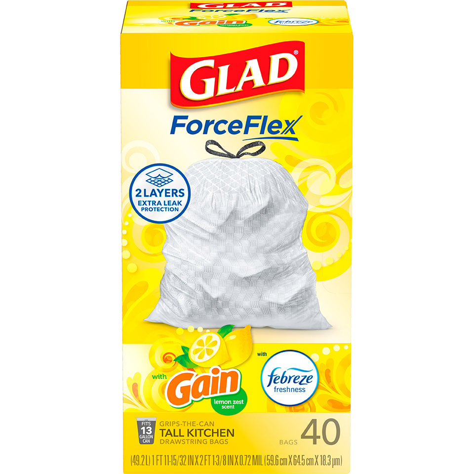 Glad ForceFlex Tall Kitchen Drawstring Trash Bags Citrus & Zest scent with  Febreze Freshness, 13 Gallon